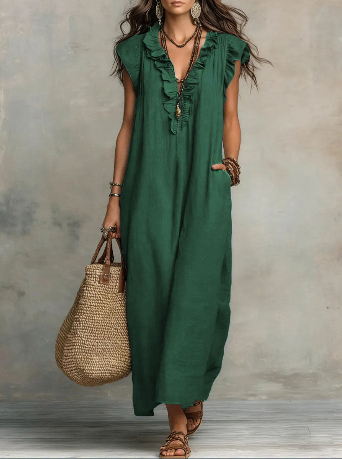 Woven Green Ruffle V-Neck Loose Maxi Dress