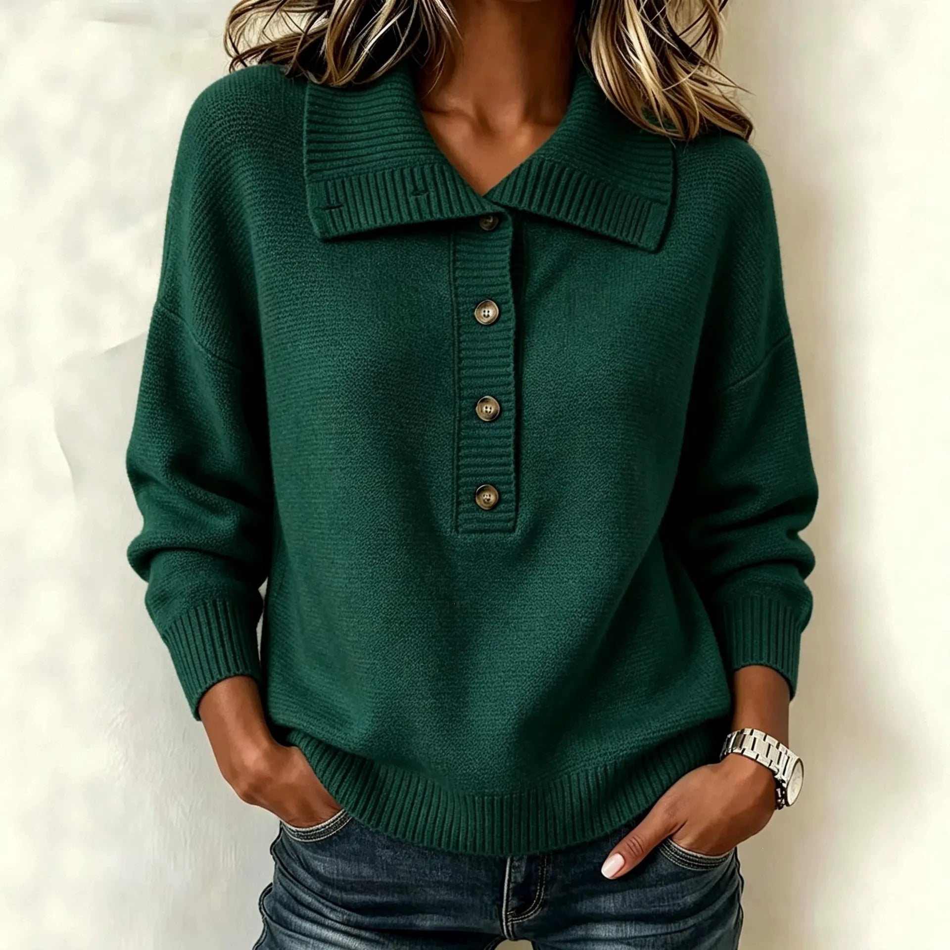 Casual Lapel Collar Knit Pullover, Soft Loose Fit Half Button Long Sleeve Sweater for Fall Winter