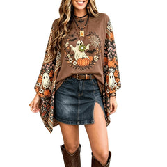 Retro Autumn Halloween Top, Crew Neck Ghost & Pumpkin Print Mixed Pattern Bell Long Sleeve Shirt