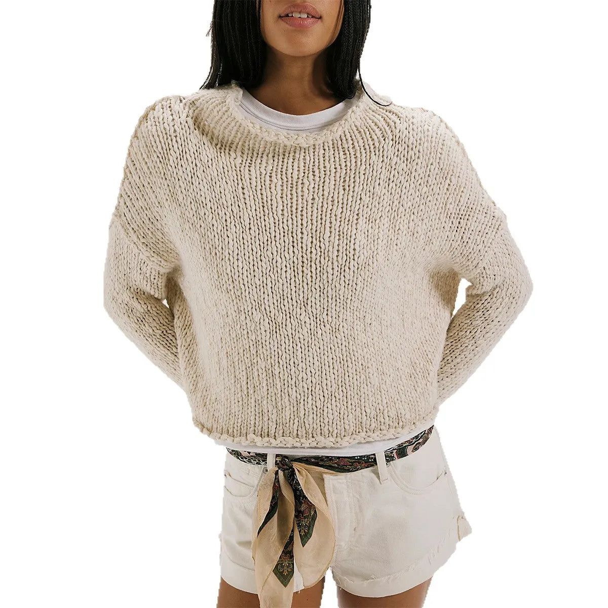 Thick Hand Knit Textured Sweater Crew Neck Long Sleeve Cropped Oversized Top