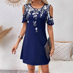 Navy Floral Print Cold Shoulder Shift Dress