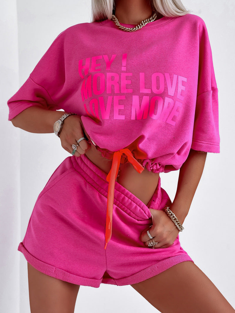 Pink Letter Print Oversized T-Shirt & Drawstring Shorts Set