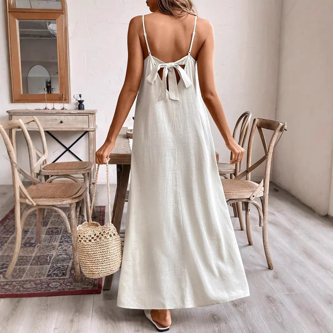 Solid V-neck Spaghetti Strap Ruched Flowy Midi Beach Dress