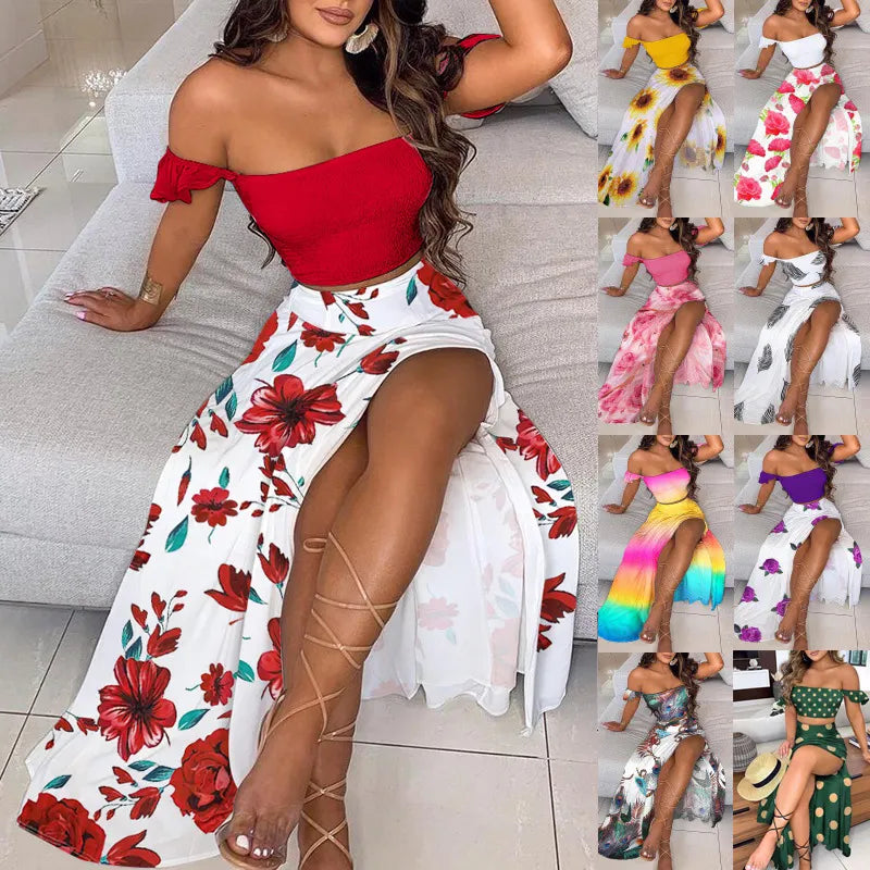 Off Shoulder Ruffle Crop Top & Floral Print High Slit Maxi Skirt 2 Piece Outfit Set