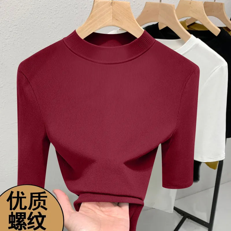 Solid Color Half High Neck Medium Sleeve Slim Fit T-Shirt