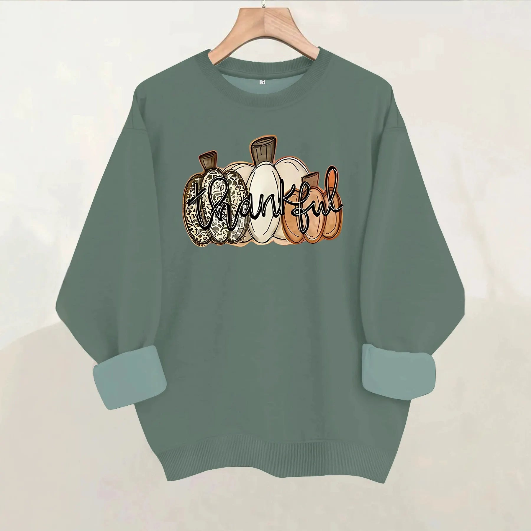 Halloween Thankful Pumpkin Print Round Neck Sweatshirt