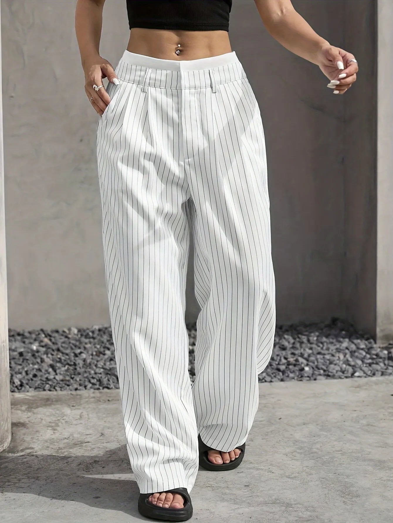 High Waist Striped Loose Wide Leg Suit Pants
