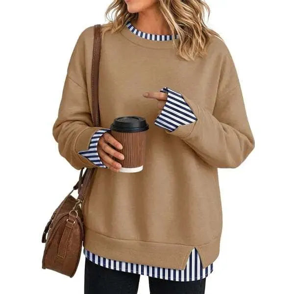 Fake Two Piece Sweatshirt, Black Base with Black White Stripe Cuff & Hem Detail