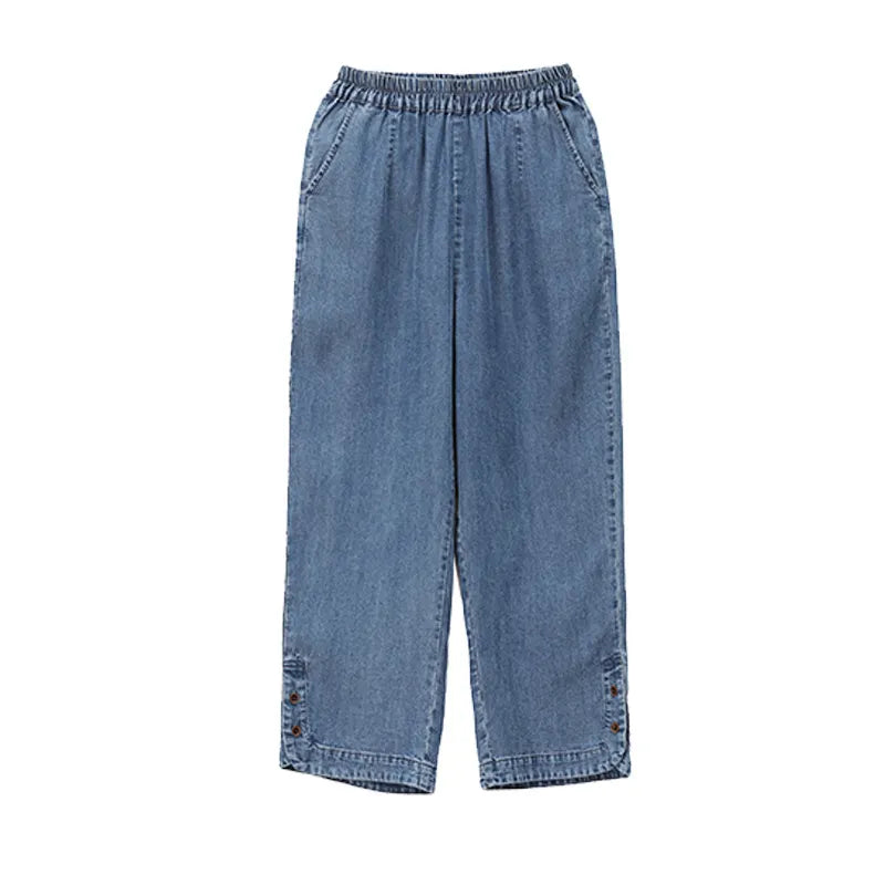 Elastic Waist Nine Point Straight Jeans
