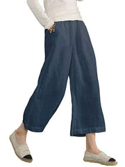 Navy Elastic High Waist Linen Cropped Wide Leg Pants