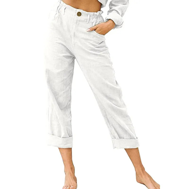 Linen Blend Rolled Cuff Cropped Pants