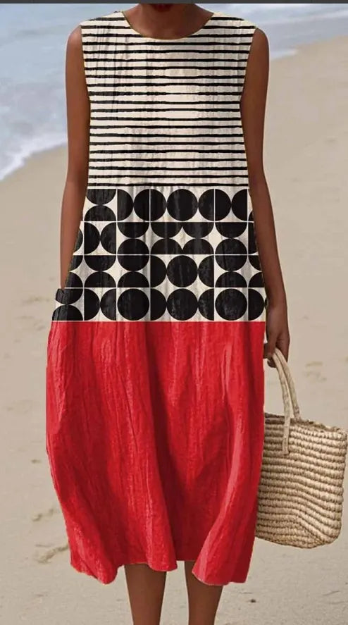 Round Neck Sleeveless 3D Floral Print Loose A-Line Midi Dress