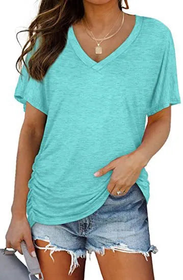 V-Neck Solid Color Loose Short Sleeve Rayon Blend Casual T-shirt