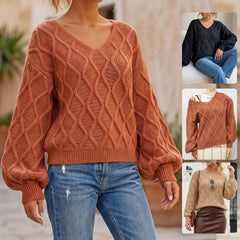 Terracotta V Neck Cable Knit Sweater Long Sleeve Loose Diamond Textured Pullover