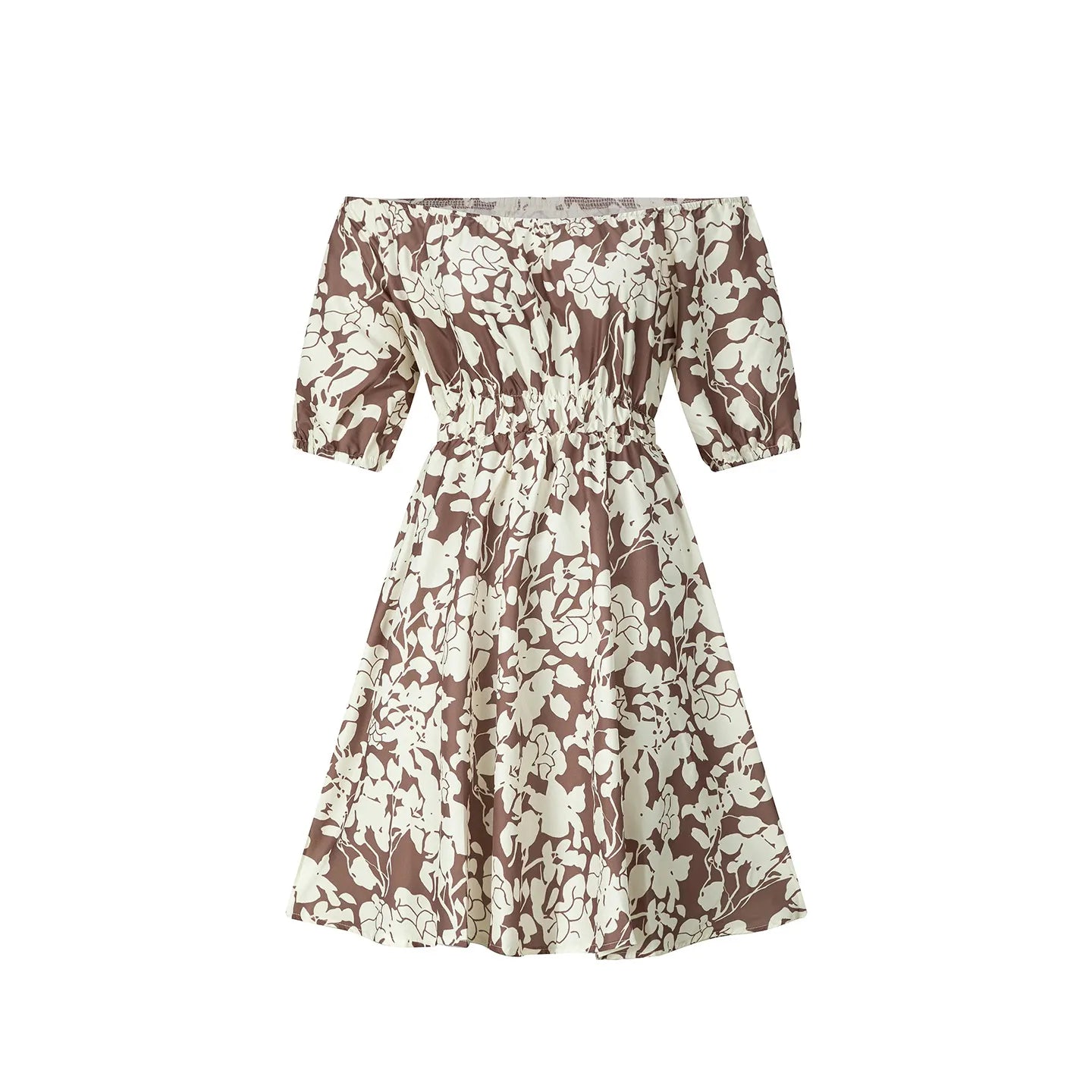 Floral Print Off Shoulder High Waist Swing Dress Short Sleeve Elegant Casual Midi Dress