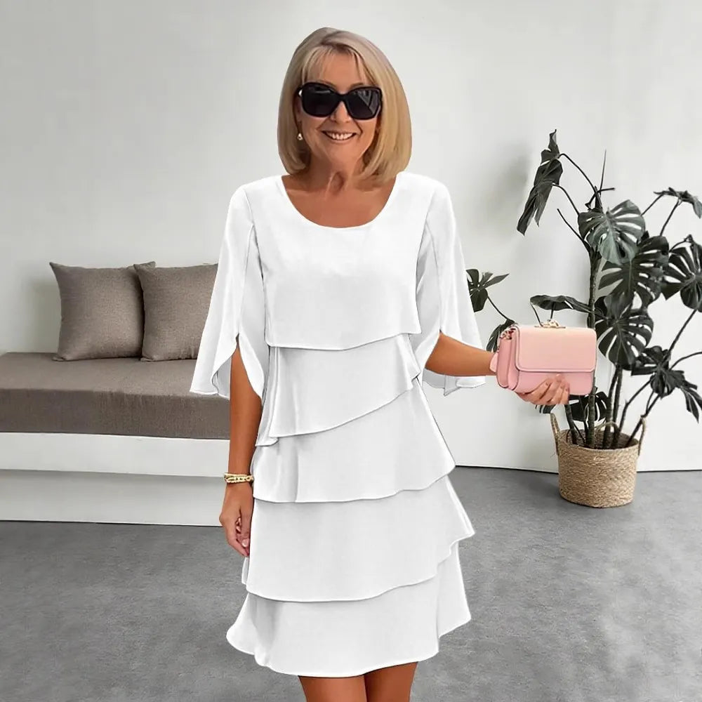 Round Neck Split Sleeve Tiered Ruffle Midi Dress