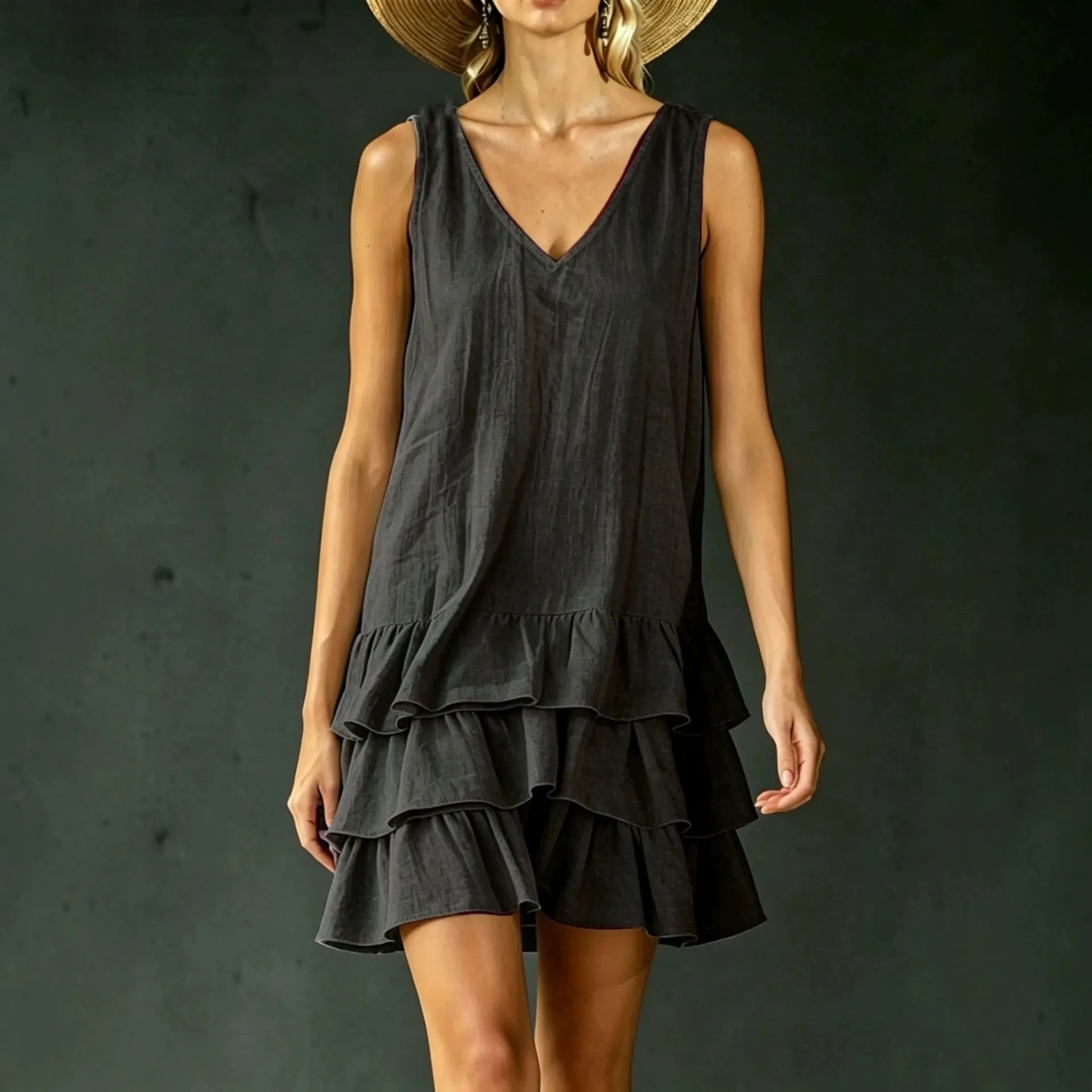 Solid V-Neck Sleeveless Layered Ruffle Spliced Straight Loose Mini Dress