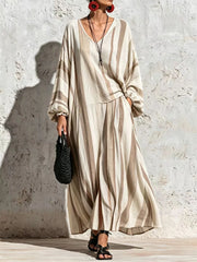 Diagonal Stripe V-neck Lantern Sleeve Top & Wide-leg Pants Two-piece Set