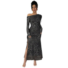 Leopard Print Off-Shoulder Ruched High Slit Long Sleeve Maxi Dress