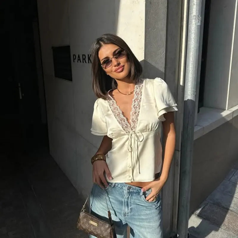Cream Satin Lace Trim V-Neck Tie Front Blouse