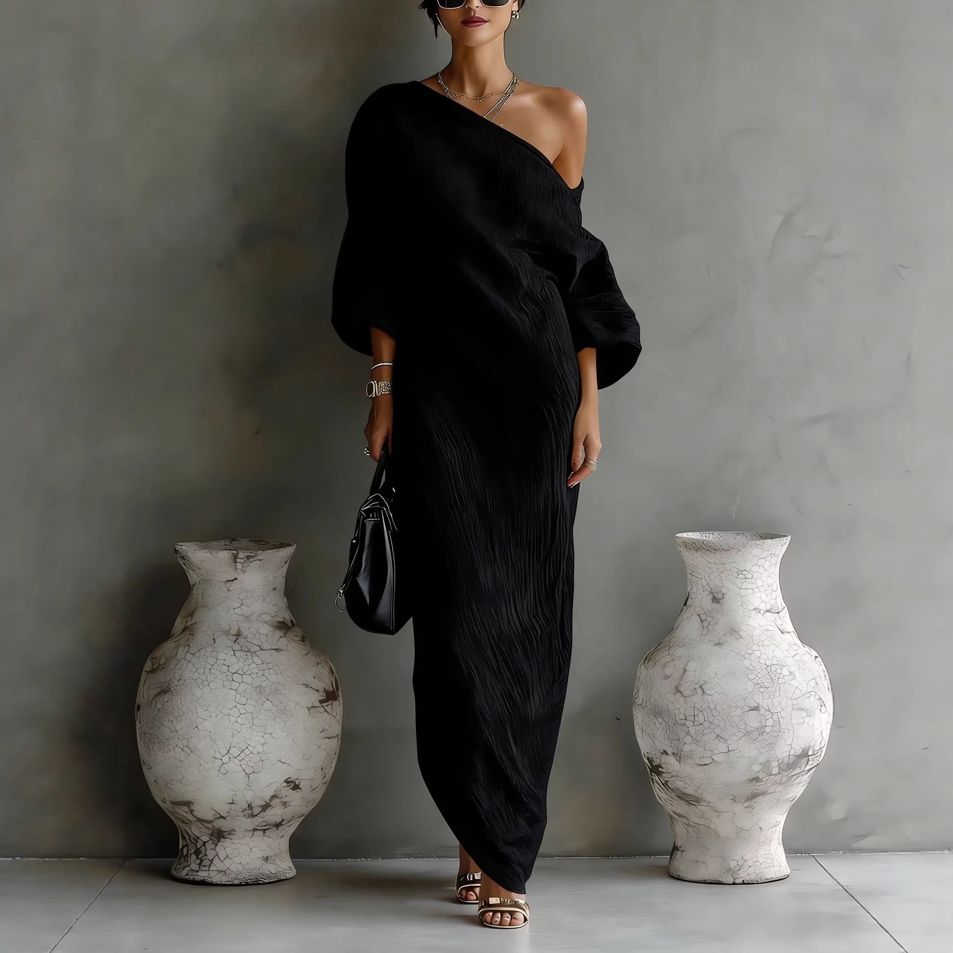 One Shoulder Draped Linen Maxi Dress