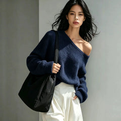 Casual Grey Off Shoulder Oversized Knit Top Loose Long Sleeve Pullover Sweater Fall Fashion