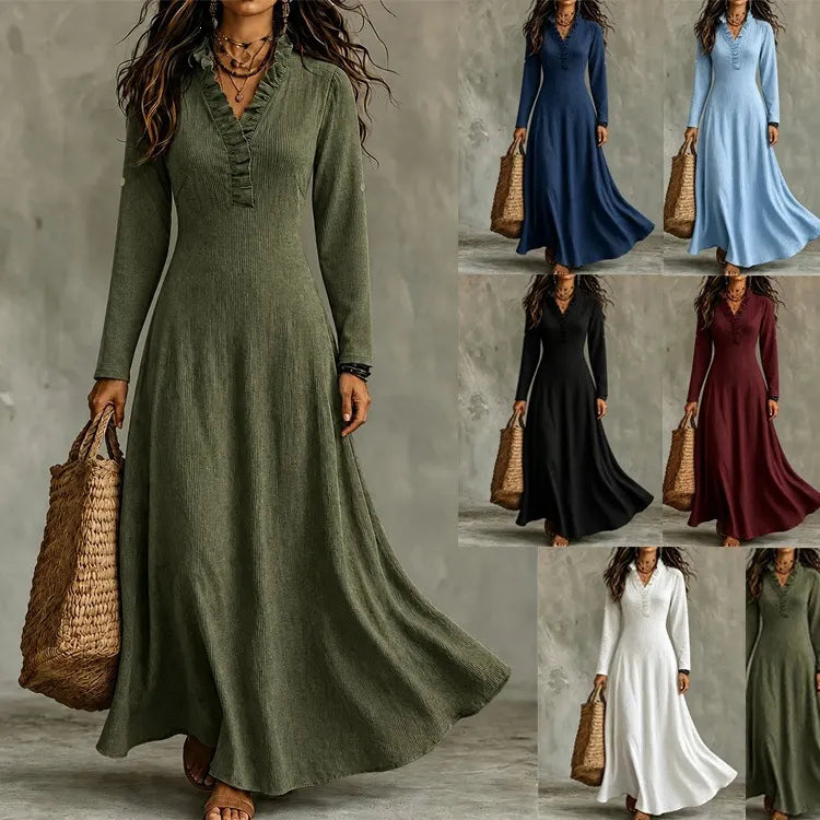 Olive Green Ruffled V-Neck Long Sleeve Flowy Maxi Dress
