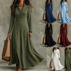 Olive Green Ruffled V-Neck Long Sleeve Flowy Maxi Dress