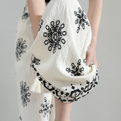 Ethnic Floral Print High Waist Micro Stretch Cotton Linen Straight Long Casual Pants