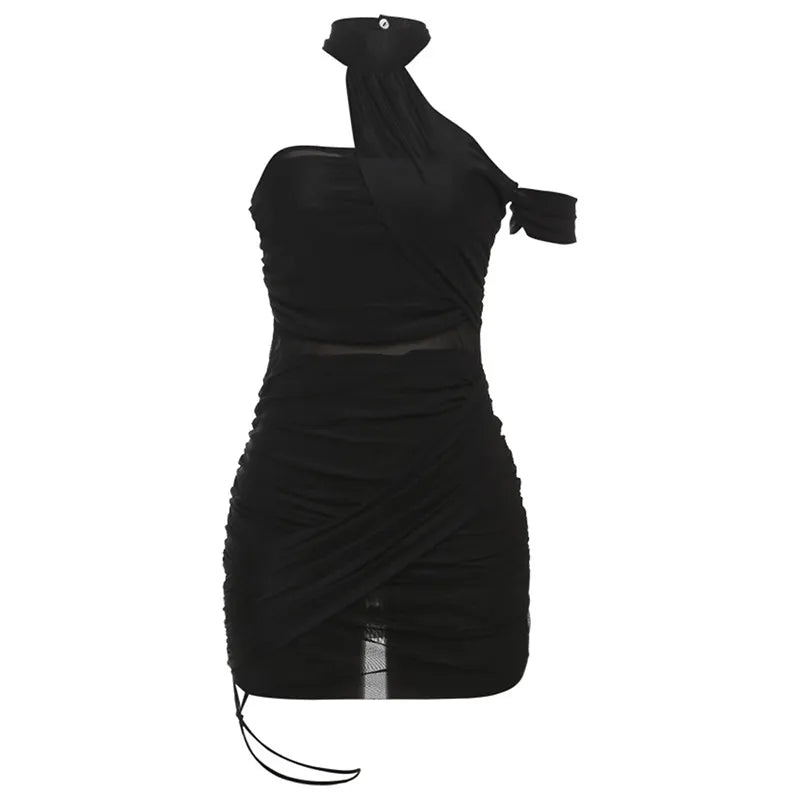 Mesh Ruched Halter Mini Dress