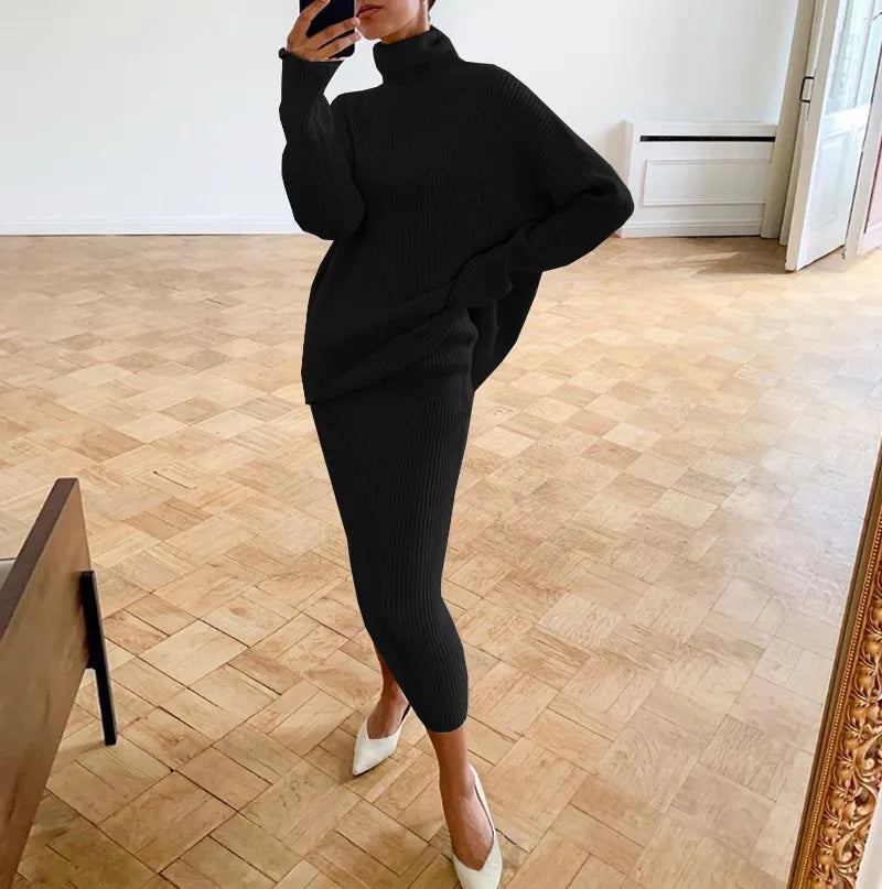 Brown Ribbed Knit Turtleneck & Midi Skirt Set