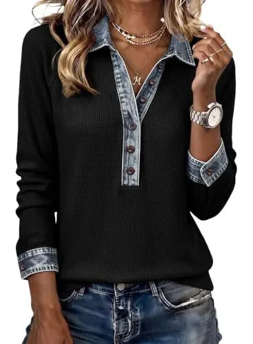 Contrast Denim Trim Half Button V-Neck Long Sleeve Blouse