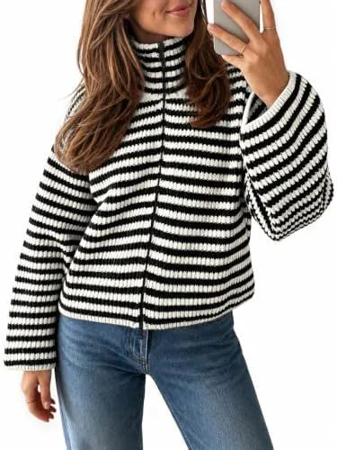 Striped Half Zip Turtleneck Knit Sweater Long Sleeve Cropped Ribbed Pullover