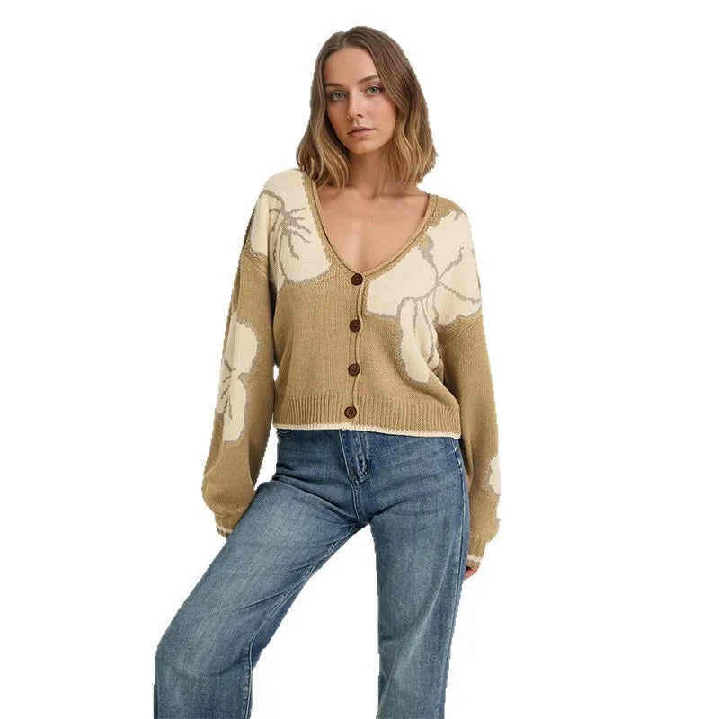 Oversized Floral Print Knit Cardigan Vintage Big Flower Long Sleeve Button Front Top
