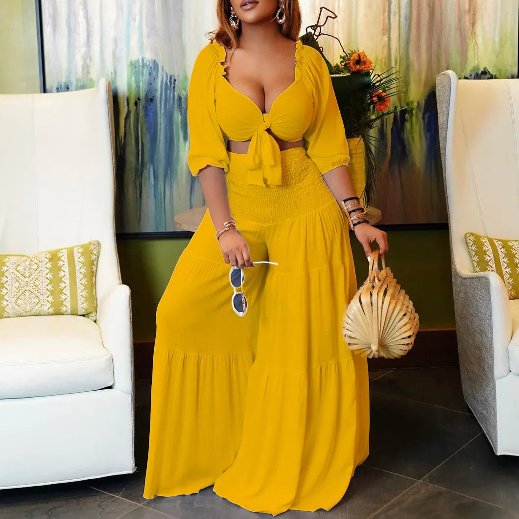 Solid Tie-Front Crop Top & Wide-Leg Pants Two-Piece Set