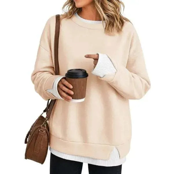 Fake Two Piece Sweatshirt, Black Base with Black White Stripe Cuff & Hem Detail