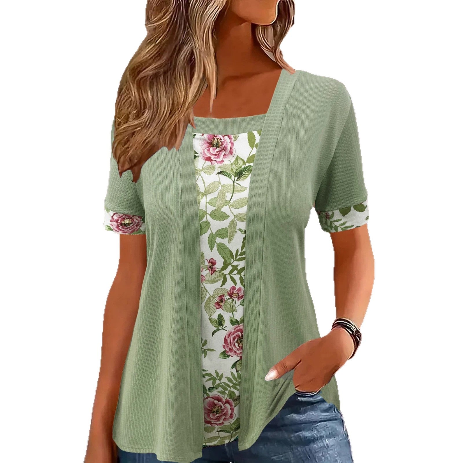 Square Neck Floral Print Fake Two-Piece Short Sleeve Loose Casual Top