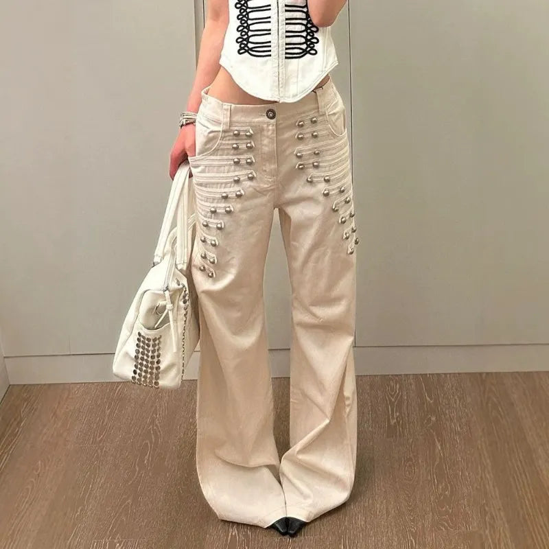Y2K High Waist Cream Wide Leg Jeans, Metal Stud Decor Flare Denim Trousers
