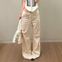 Y2K High Waist Cream Wide Leg Jeans, Metal Stud Decor Flare Denim Trousers