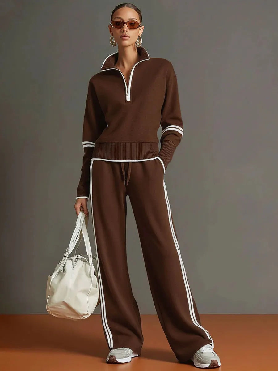 Half-Zip Track Suit, Casual 2-Piece Sweatshirt & Wide Leg Pants Outfit