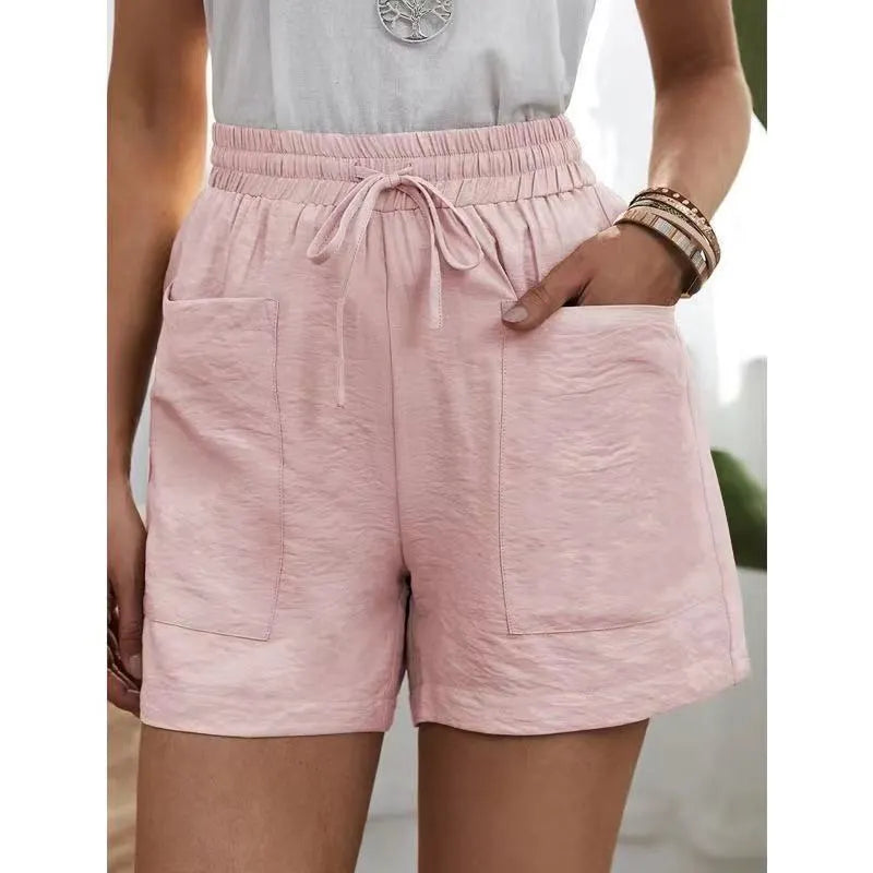 Solid Color Elastic Waist Drawstring Pocket Detail Wide Leg Shorts