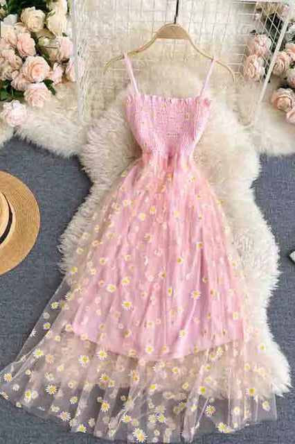 Daisy Flower Print Mesh Dress Two Layers Strap Vacation Midi Dress Beach Vestidos Dress