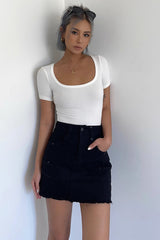 Solid Rib-knit Short Sleeve Tops