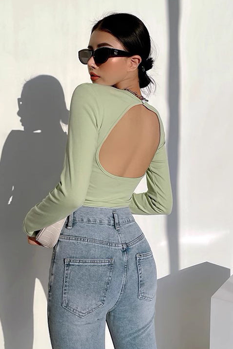 Backless T-Shirt Elastic Tight Slim Round Neck Top