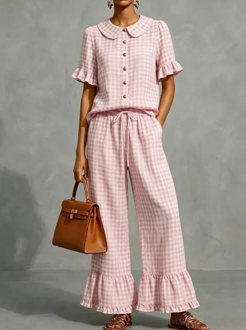 Gingham Peter Pan Collar Ruffle Short Sleeve Top & Flared Pants Two Piece Set