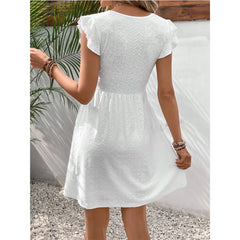 V Neck Eyelet Embroidery Ruffle Cap Sleeve Mini Dress