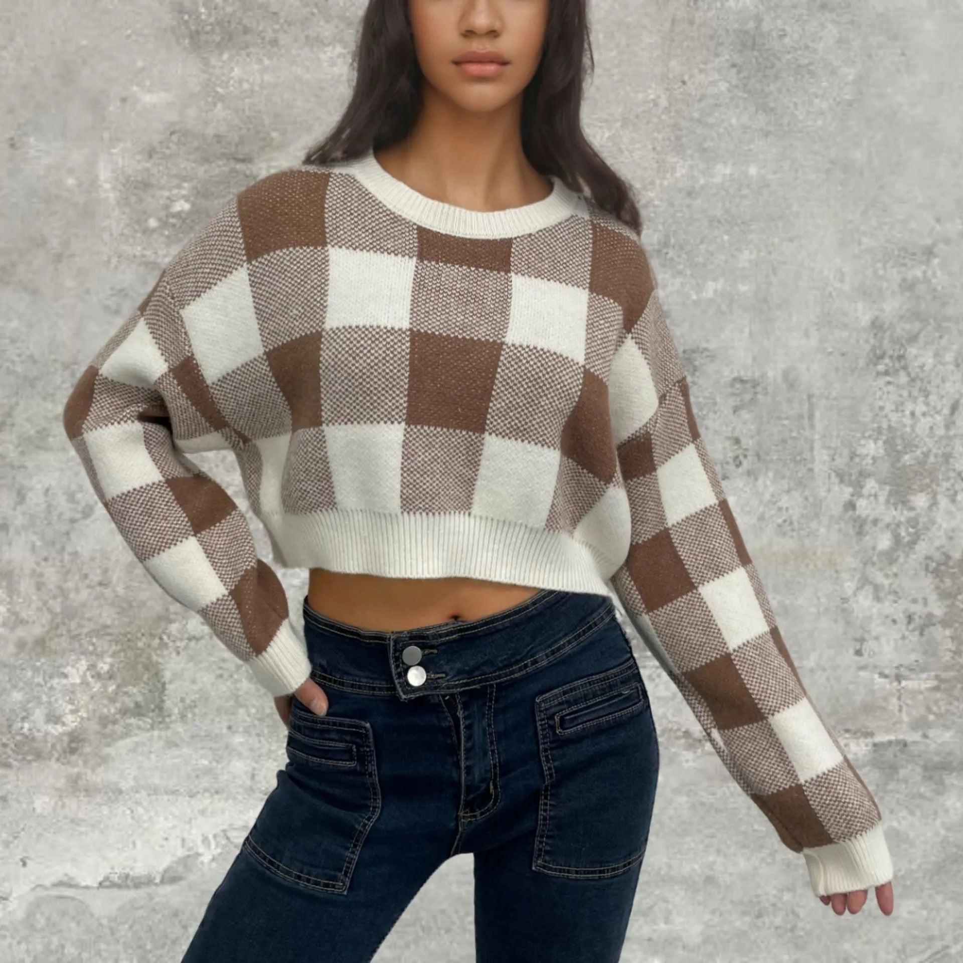 Pink White Plaid Round Neck Cropped Pullover Sweater