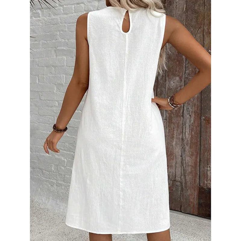 Round Neck Sleeveless Asymmetric Layer Hem Loose Linen Blend Casual Shift Dress