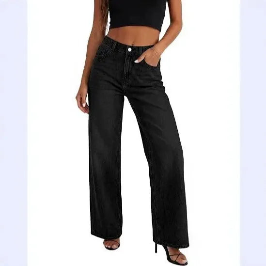 High‑Waist Washed Wide Leg Jeans