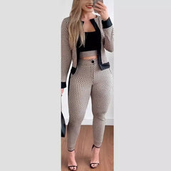 Elegant Plaid 3 Piece Suit, Long Sleeve Contrast Trim Jacket Cami And High Waist Trousers